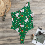 Christmas Llama Pattern Print One Shoulder Bodysuit