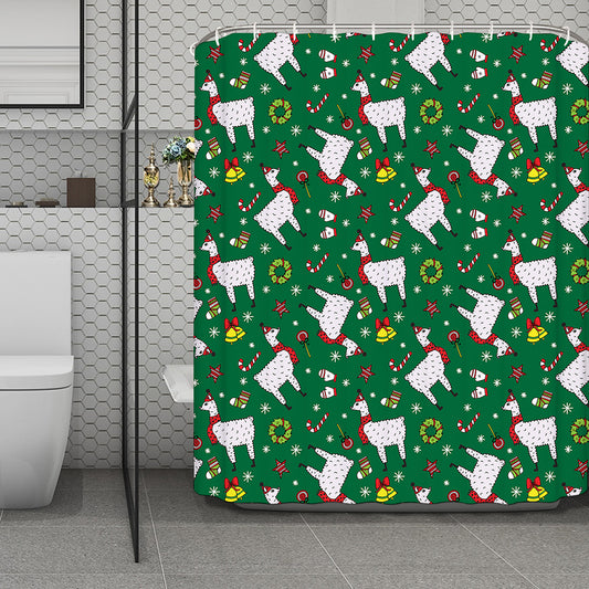 Christmas Llama Pattern Print Polyester Shower Curtain