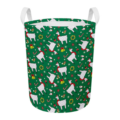 Christmas Llama Pattern Print Round Laundry Basket