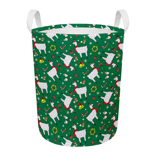 Christmas Llama Pattern Print Round Laundry Basket