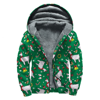 Christmas Llama Pattern Print Sherpa Lined Zip Up Hoodie