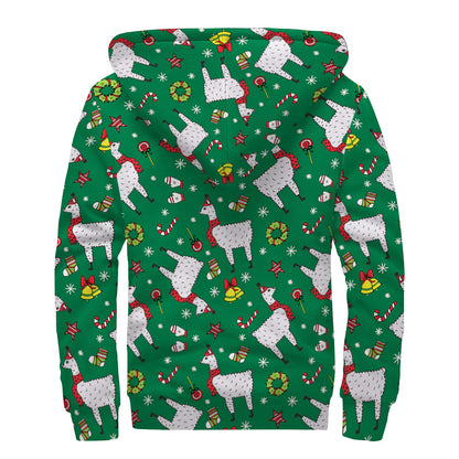 Christmas Llama Pattern Print Sherpa Lined Zip Up Hoodie