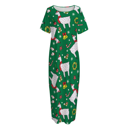 Christmas Llama Pattern Print Short Sleeve Long Nightdress