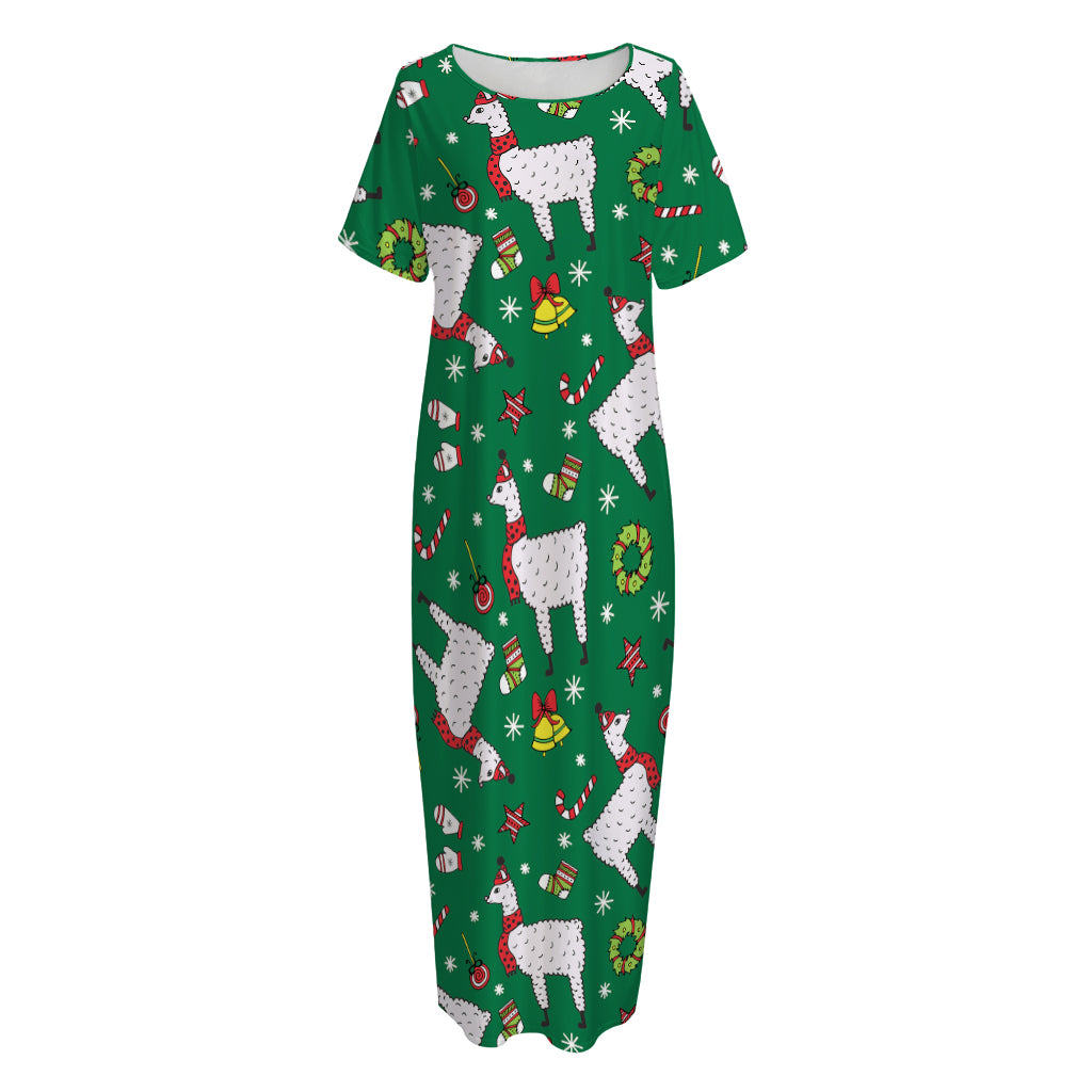 Christmas Llama Pattern Print Short Sleeve Long Nightdress