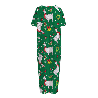 Christmas Llama Pattern Print Short Sleeve Long Nightdress
