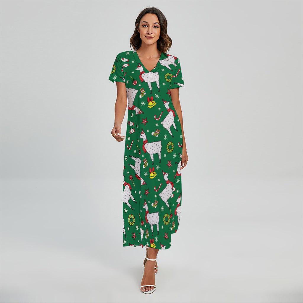 Christmas Llama Pattern Print Short Sleeve Maxi Dress