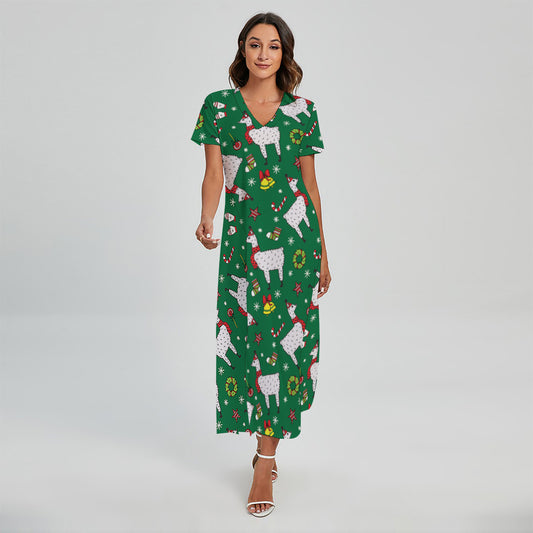 Christmas Llama Pattern Print Short Sleeve Maxi Dress