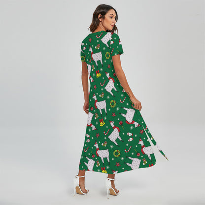 Christmas Llama Pattern Print Short Sleeve Maxi Dress