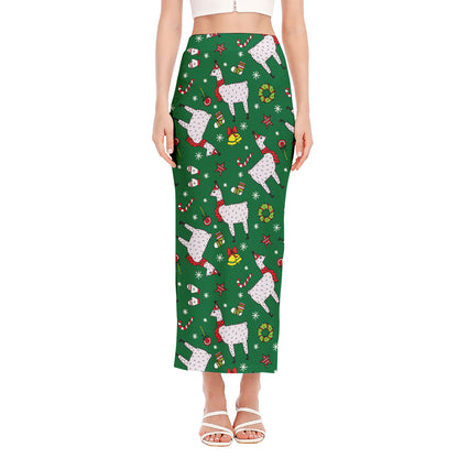 Christmas Llama Pattern Print Side Slit Maxi Skirt