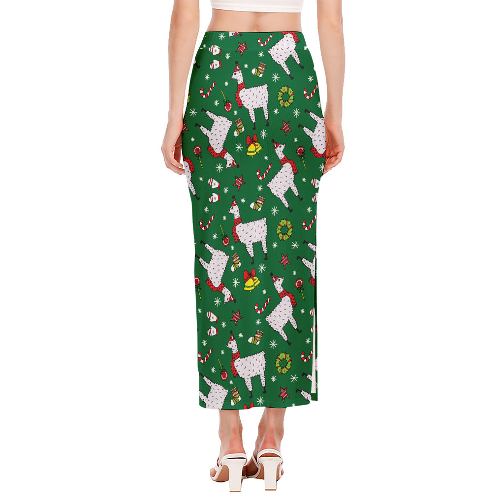 Christmas Llama Pattern Print Side Slit Maxi Skirt