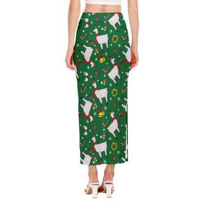 Christmas Llama Pattern Print Side Slit Maxi Skirt