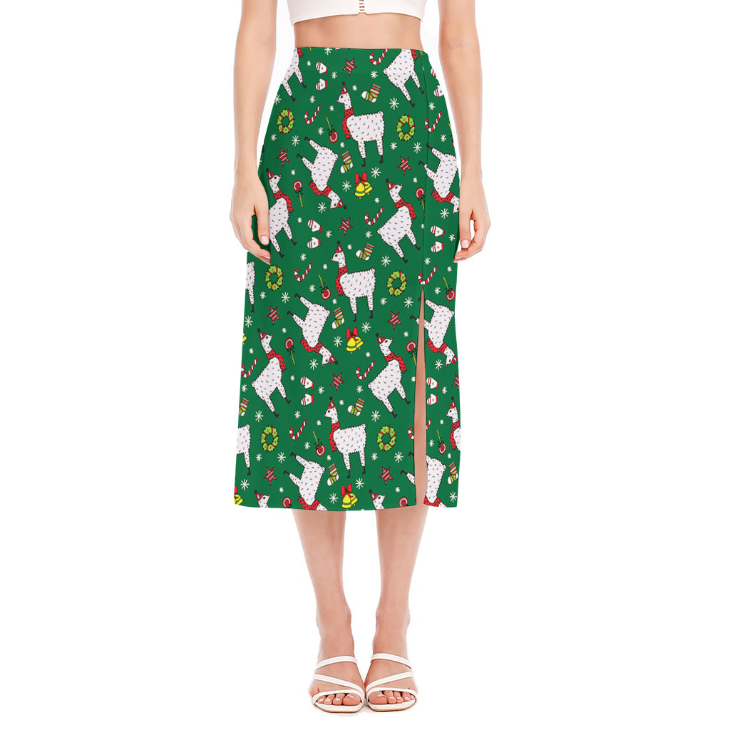 Christmas Llama Pattern Print Side Slit Midi Skirt