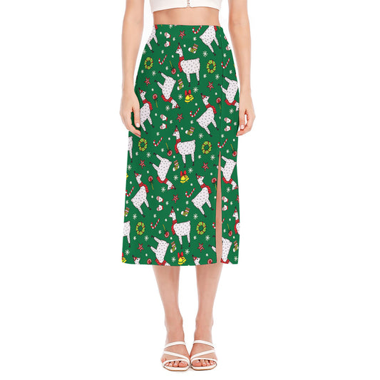 Christmas Llama Pattern Print Side Slit Midi Skirt