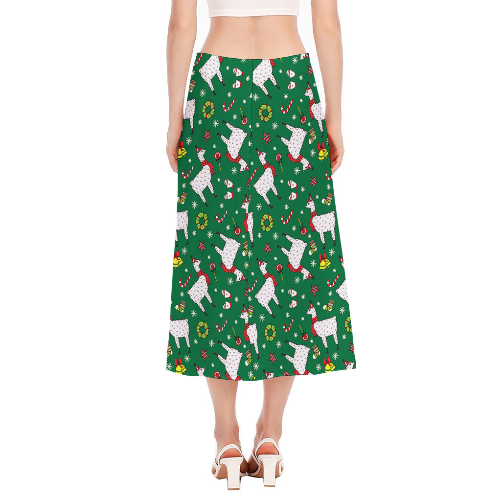 Christmas Llama Pattern Print Side Slit Midi Skirt