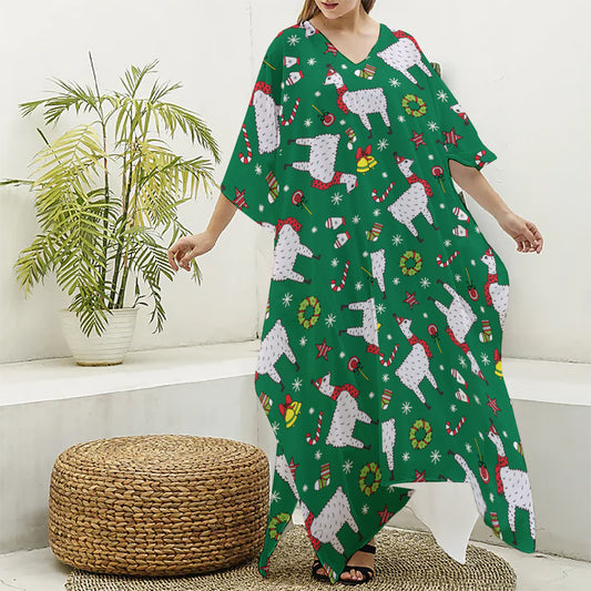 Christmas Llama Pattern Print Silk V-Neck Kaftan Dress