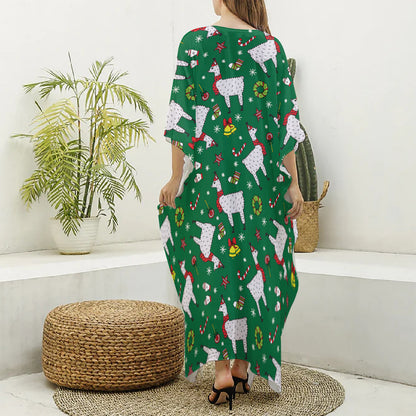Christmas Llama Pattern Print Silk V-Neck Kaftan Dress