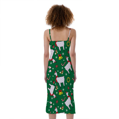Christmas Llama Pattern Print Slim Fit Midi Cami Dress