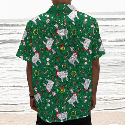 Christmas Llama Pattern Print Textured Short Sleeve Shirt
