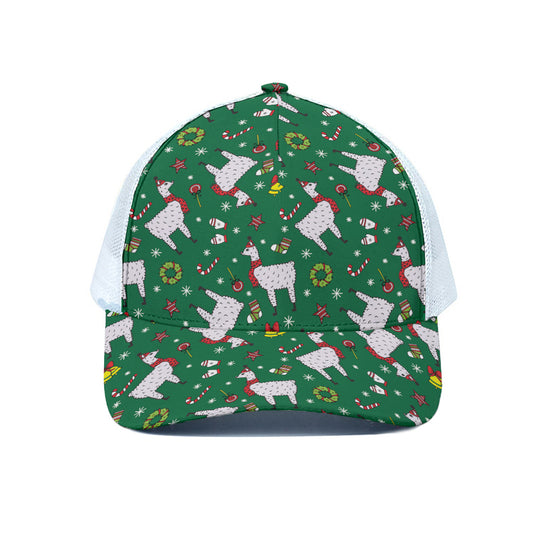 Christmas Llama Pattern Print White Mesh Trucker Cap