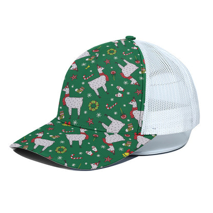 Christmas Llama Pattern Print White Mesh Trucker Cap