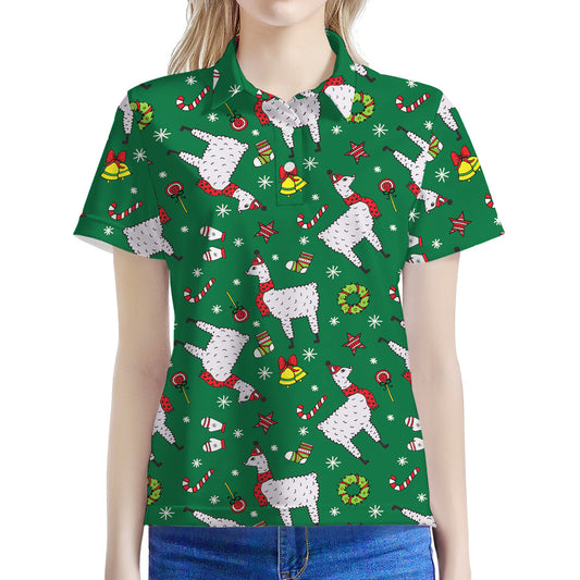 Christmas Llama Pattern Print Women's Polo Shirt