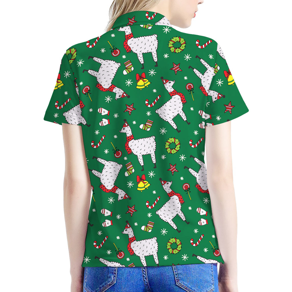 Christmas Llama Pattern Print Women's Polo Shirt