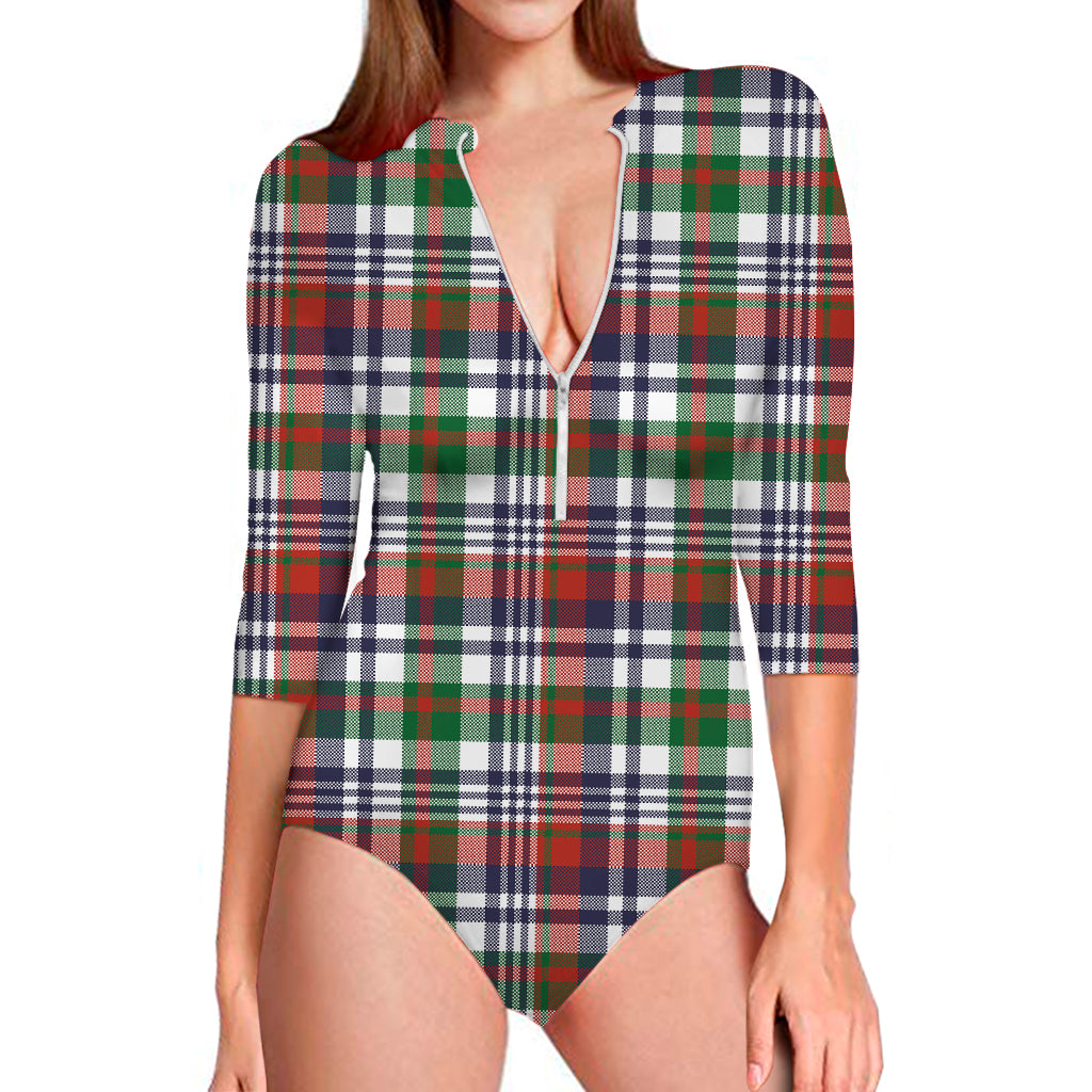 Christmas Madras Plaid Print Long Sleeve Swimsuit