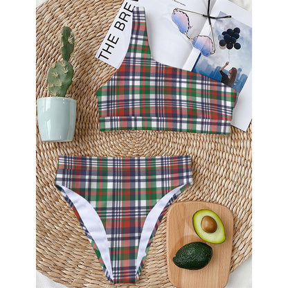 Christmas Madras Plaid Print One Shoulder Bikini Top