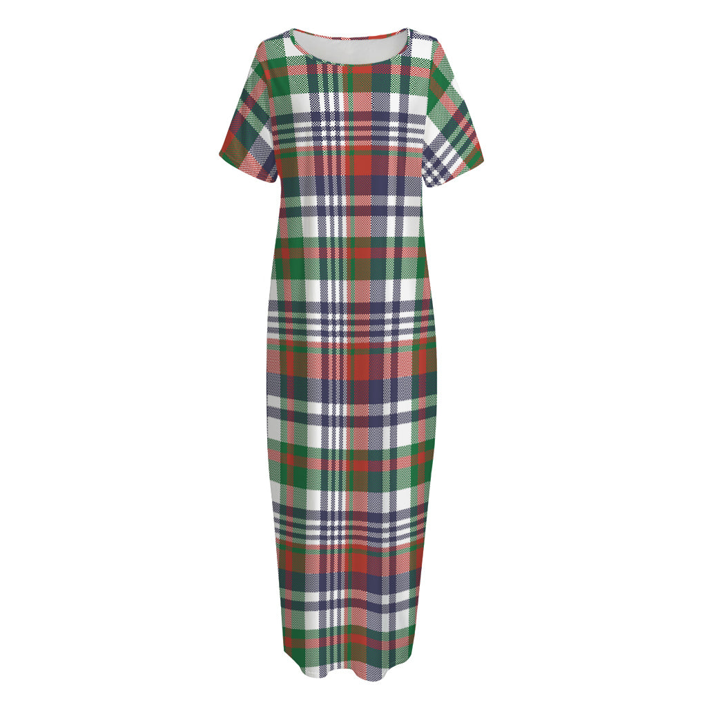 Christmas Madras Plaid Print Short Sleeve Long Nightdress