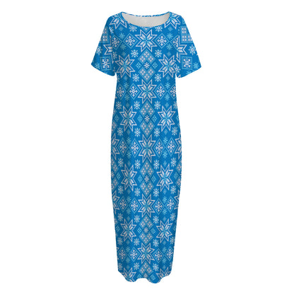 Christmas Nordic Knitted Pattern Print Short Sleeve Long Nightdress