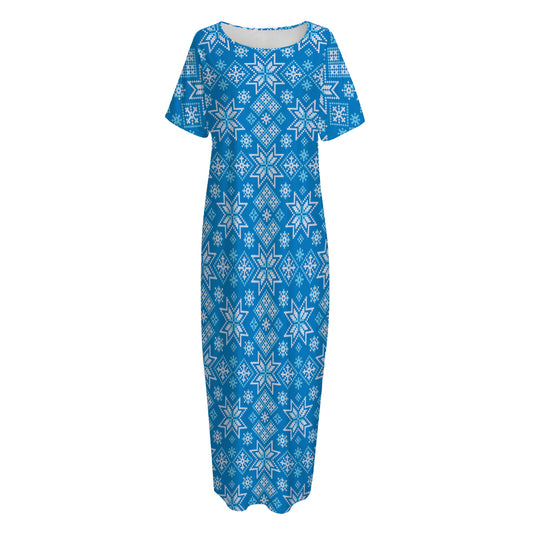 Christmas Nordic Knitted Pattern Print Short Sleeve Long Nightdress