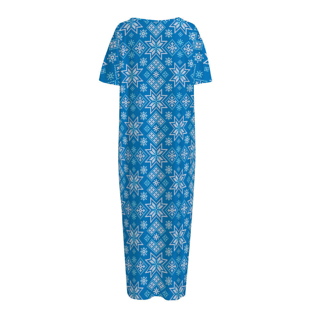 Christmas Nordic Knitted Pattern Print Short Sleeve Long Nightdress