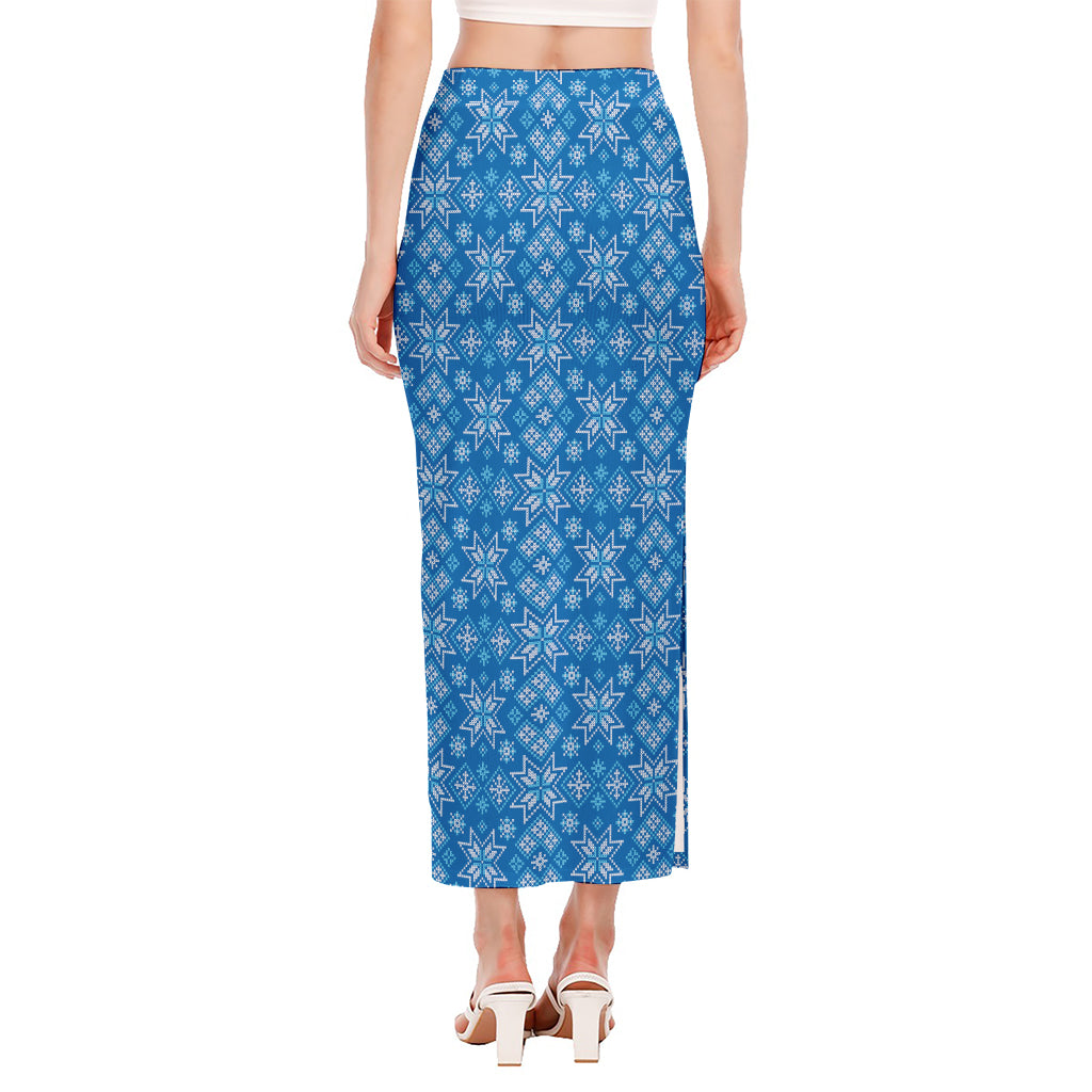 Christmas Nordic Knitted Pattern Print Side Slit Maxi Skirt