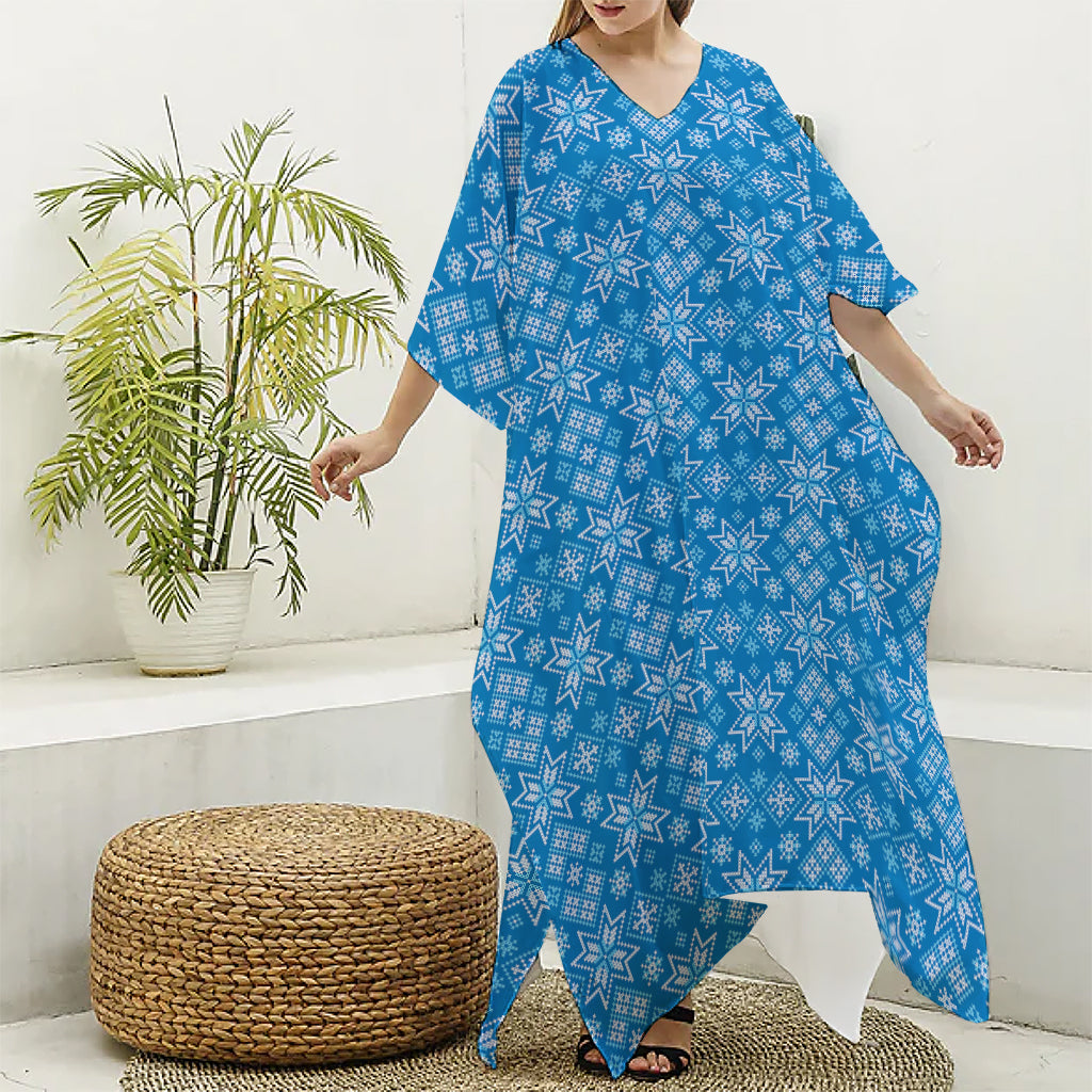 Christmas Nordic Knitted Pattern Print Silk V-Neck Kaftan Dress