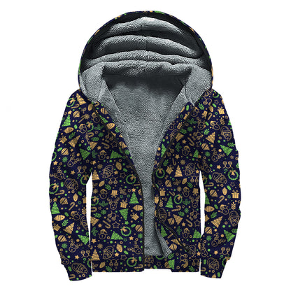 Christmas Party Elements Pattern Print Sherpa Lined Zip Up Hoodie