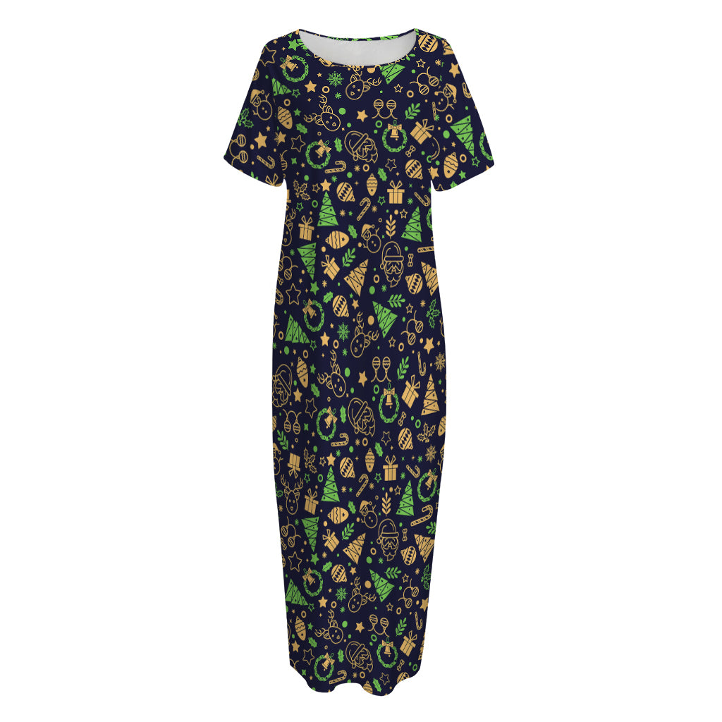 Christmas Party Elements Pattern Print Short Sleeve Long Nightdress