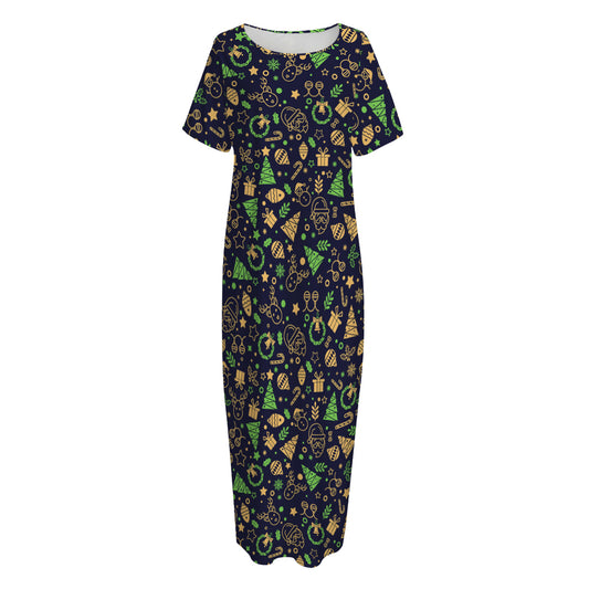 Christmas Party Elements Pattern Print Short Sleeve Long Nightdress