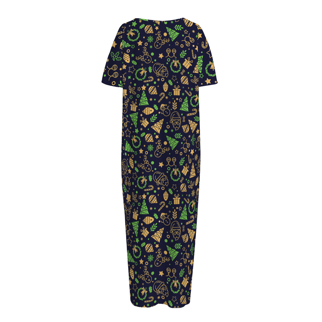 Christmas Party Elements Pattern Print Short Sleeve Long Nightdress
