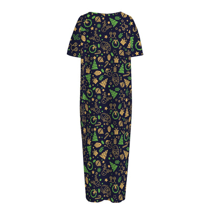 Christmas Party Elements Pattern Print Short Sleeve Long Nightdress
