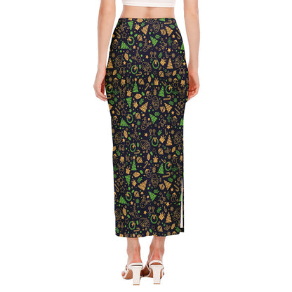Christmas Party Elements Pattern Print Side Slit Maxi Skirt