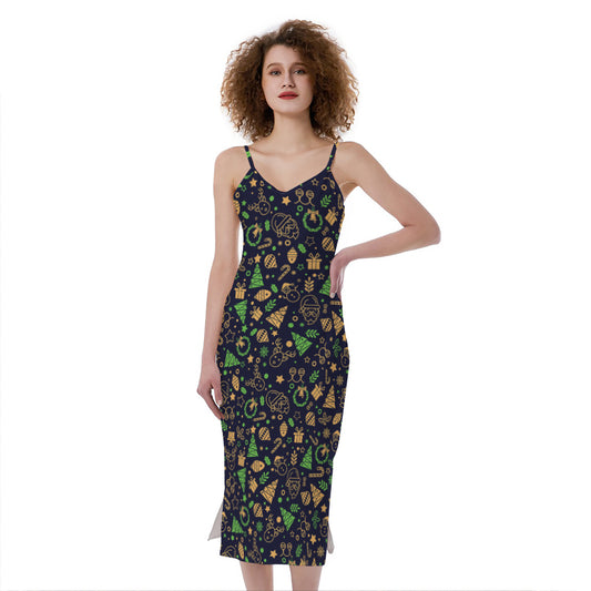 Christmas Party Elements Pattern Print Slim Fit Midi Cami Dress