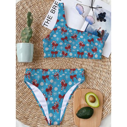 Christmas Party Knitted Pattern Print One Shoulder Bikini Top