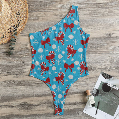 Christmas Party Knitted Pattern Print One Shoulder Bodysuit