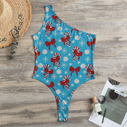 Christmas Party Knitted Pattern Print One Shoulder Bodysuit