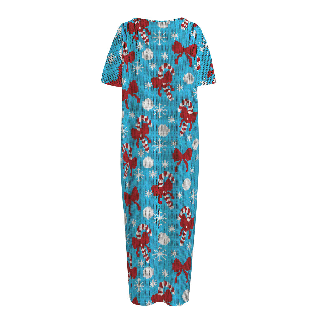 Christmas Party Knitted Pattern Print Short Sleeve Long Nightdress
