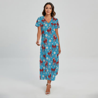 Christmas Party Knitted Pattern Print Short Sleeve Maxi Dress