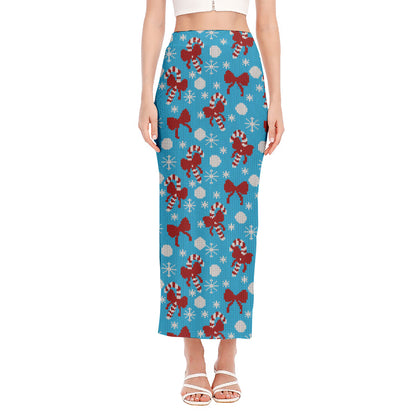 Christmas Party Knitted Pattern Print Side Slit Maxi Skirt