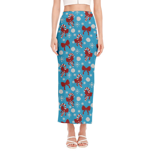 Christmas Party Knitted Pattern Print Side Slit Maxi Skirt