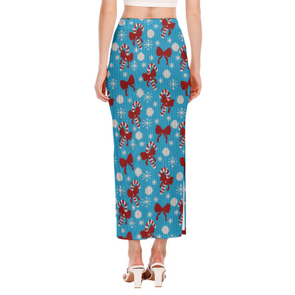 Christmas Party Knitted Pattern Print Side Slit Maxi Skirt