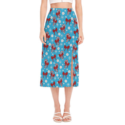 Christmas Party Knitted Pattern Print Side Slit Midi Skirt